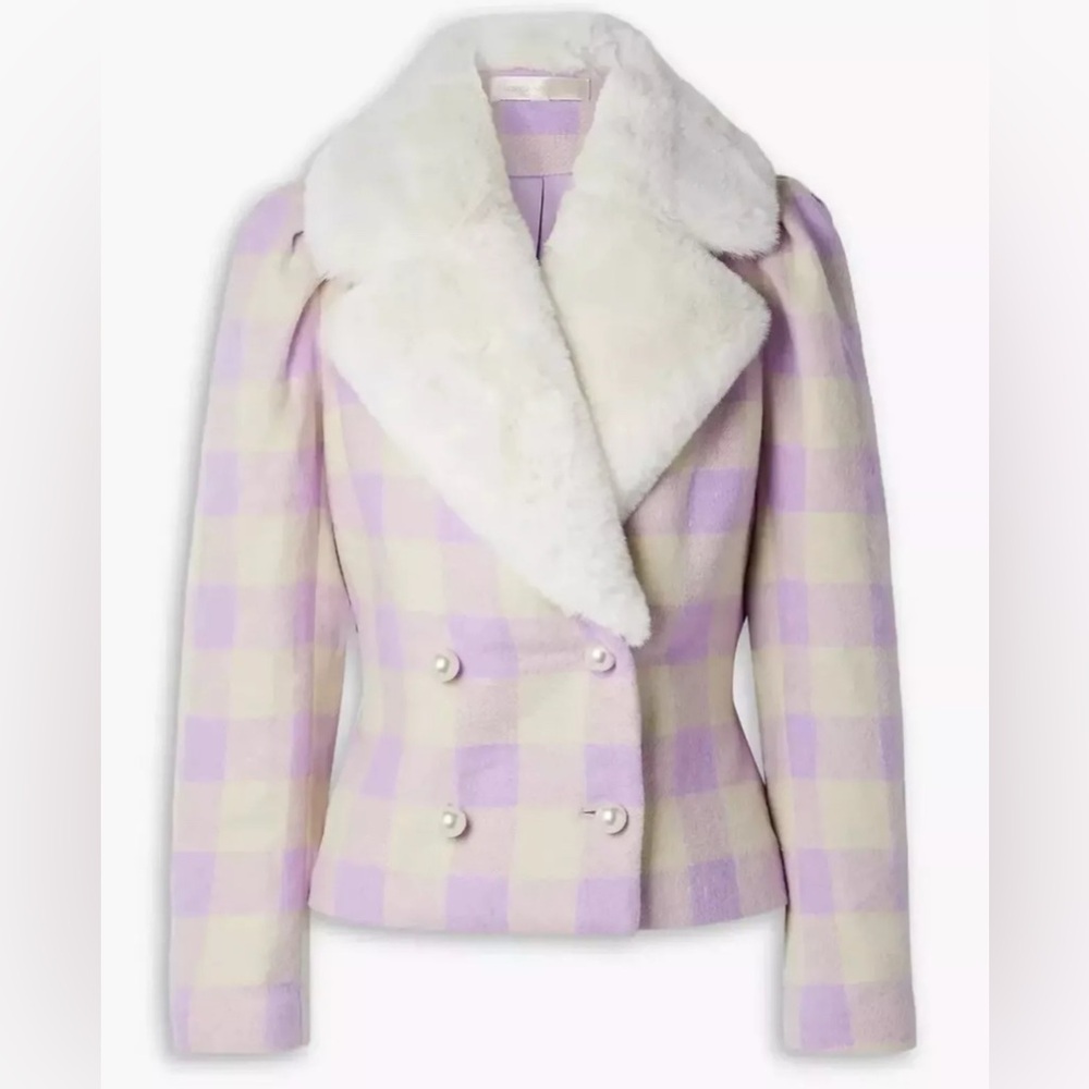 LoveShackFancy Dumont Jacket S Lavender Check Tweed Faux Fur Collar Coat $695